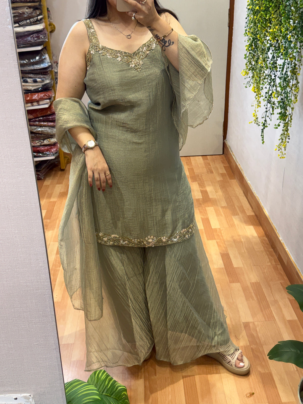 Sage Green Embroidered Sharara Set